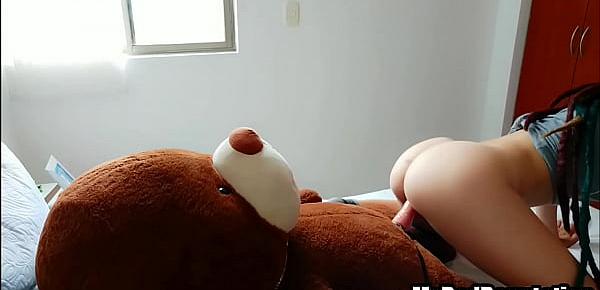 Hot dreadhead teen fucks giant teddy bear with strapon until shaking orgasm